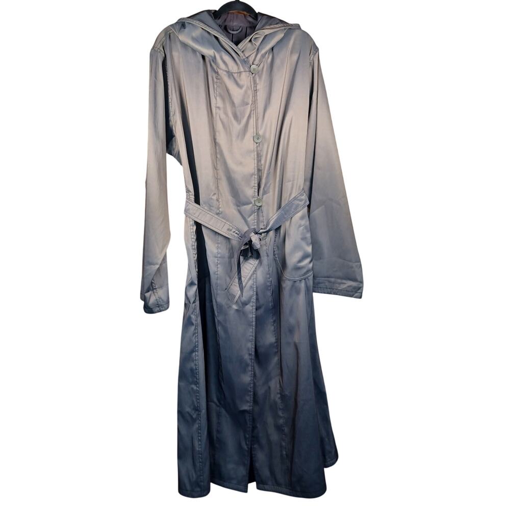 Vintage Nordstrom Reversible Hooded Rain Trench Coat Green Black Large Packable - Picture 3 of 10
